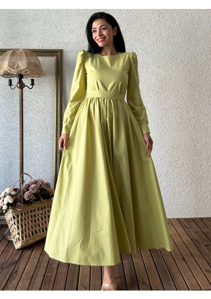 Tesettürr Yağ Yeşili Kloş Poplin Elbise