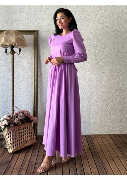 Tesettür Lila Poplin Kloş Elbise