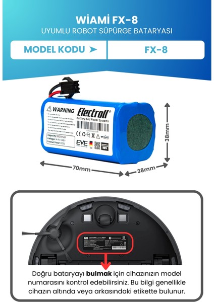 Wiami Fx-8 Uyumlu Batarya (Orjinal Kapasite) 2600MAH Pil Robot Süpürge Bataryası Değişimi fiyatları