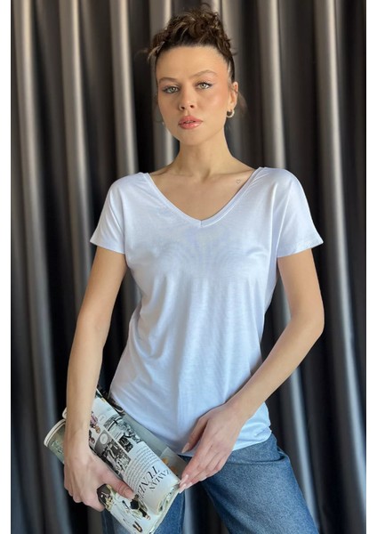 Ön Arka V Yaka Kadın T-Shirt