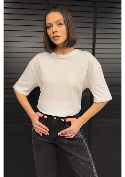Kadın Bisiklet Yaka Oversize Basic Tişört