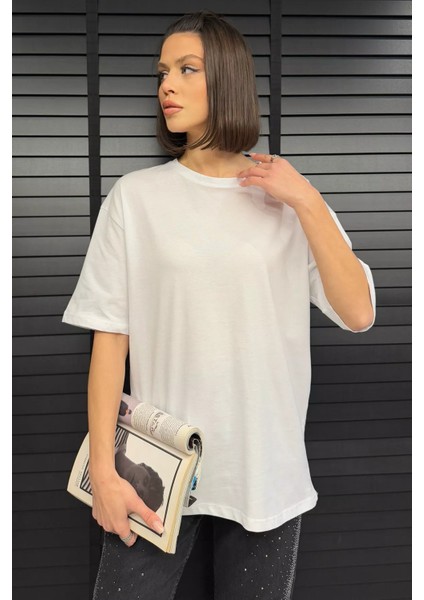 Kadın Bisiklet Yaka Oversize Basic Tişört