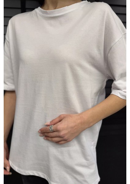 Kadın Bisiklet Yaka Oversize Basic Tişört