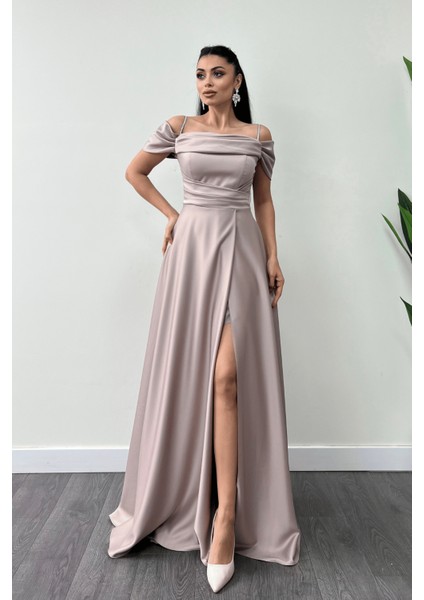 Saten Kumaş Büzgülü Askılı Abiye Elbise - Bej