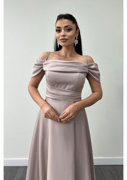 Saten Kumaş Büzgülü Askılı Abiye Elbise - Bej fiyatları