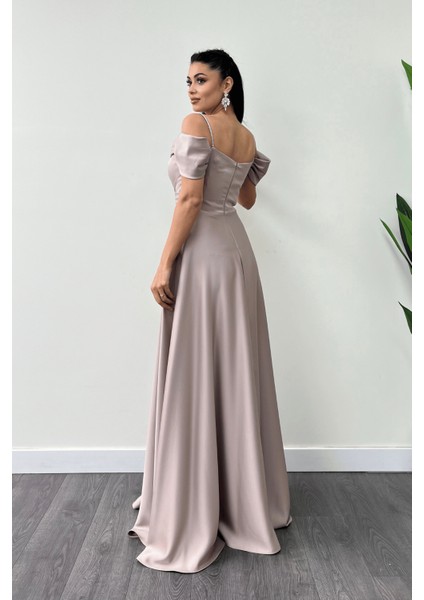 Saten Kumaş Büzgülü Askılı Abiye Elbise - Bej fırsatları