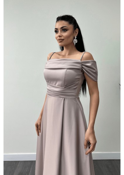 Saten Kumaş Büzgülü Askılı Abiye Elbise - Bej
