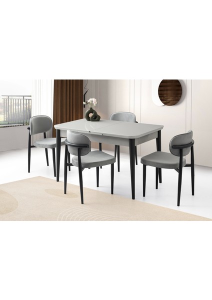 Ortadan Açılır Büyüyen 70 x 120 cm Açık Gri Ahşap Salon Yemek Masa Gri Siesta Sandalye Takımı 4 Sandalyeli