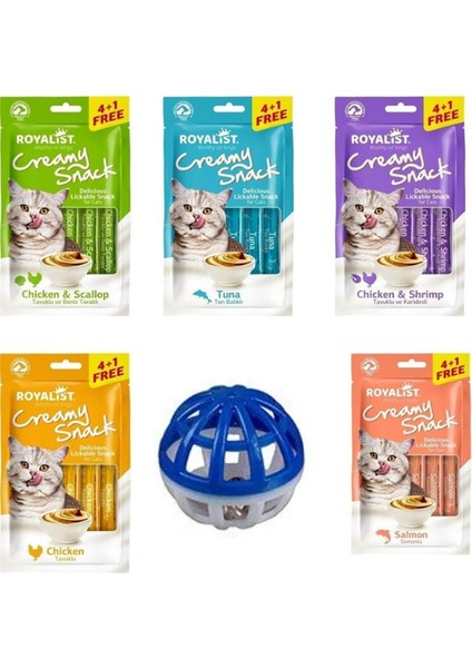 Royalist Creamy Snack 75 gr Kedi Ödül Maması 5li Set Ve1 adet Çıngıraklı Keditopu