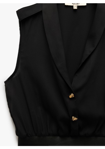 Beli Ribanalı Kumaş Detaylı Ceket Yaka Düğmeli Kolsuz Krep Bluz