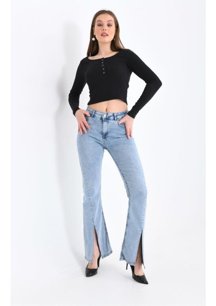 Julia 90's Mavi Kar Yıkama Likralı Yüksek Bel Ispanyol Paça Yırtmaçlı Kot Pantolon Flare Jean
