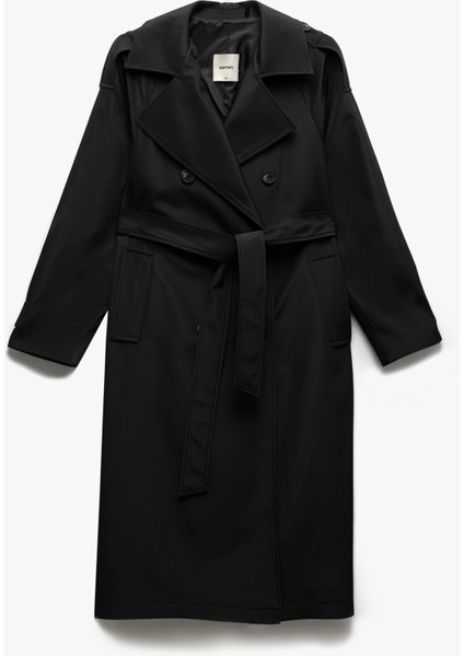 Cepli Uzun Kollu Kemerli Kruvaze Uzun Gabardin Trençkot