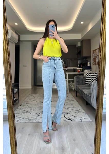 Julia Mavi Kar Yıkama Yüksek Bel Likralı Ön Yırtmaçlı Jean-Mavi