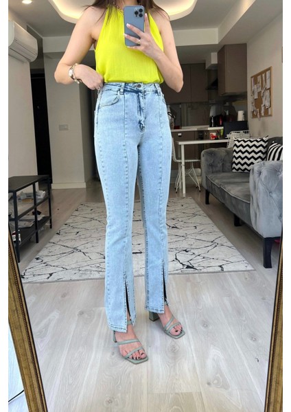 Julia Mavi Kar Yıkama Yüksek Bel Likralı Ön Yırtmaçlı Jean-Mavi