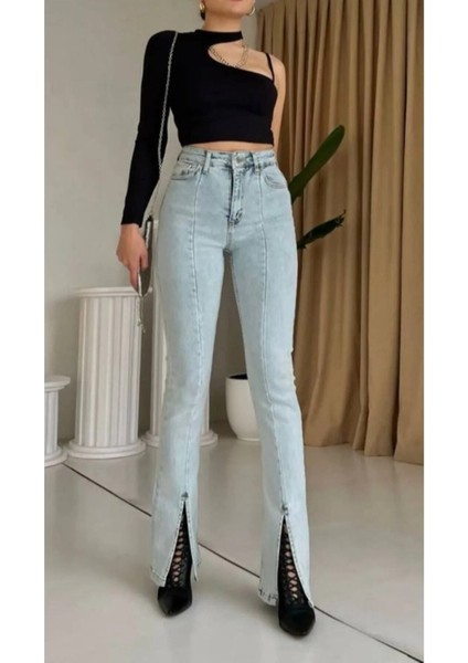 11099 Ön Yırtmaçlı Yüksek Bel Kot Pantolon