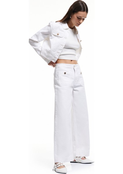 Yüksek Bel Rahat Kalıp Cepli Kısa Denim Pantolon - Culotte Jeans