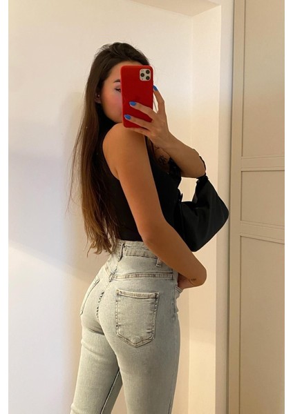 11099 Ön Yırtmaçlı Yüksek Bel Kot Pantolon