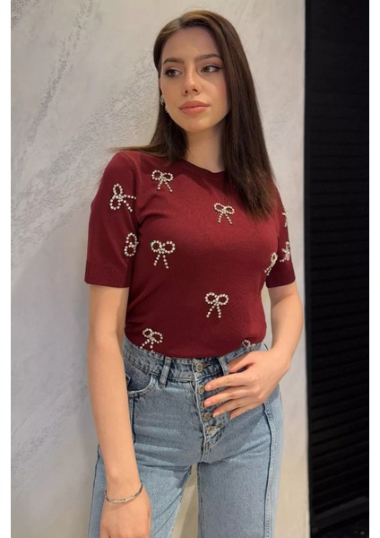 Taş Detaylı Bisiklet Yaka Kadın Kısa Kol Bluz P-00015134