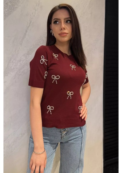 Taş Detaylı Bisiklet Yaka Kadın Kısa Kol Bluz P-00015134 fiyatları