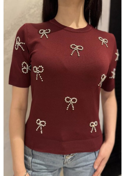 Taş Detaylı Bisiklet Yaka Kadın Kısa Kol Bluz P-00015134 fırsatları