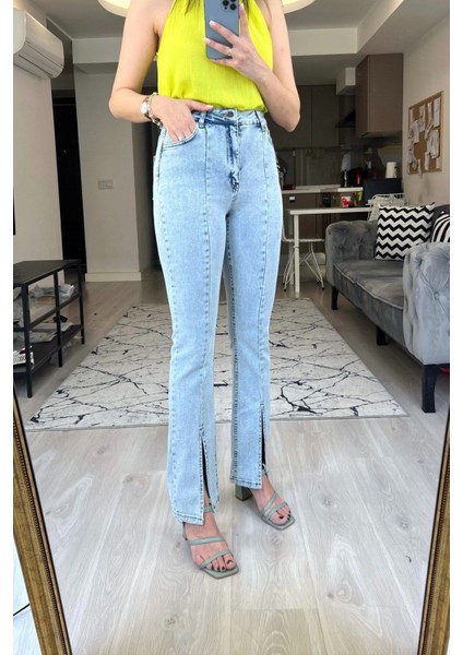 Julia Mavi Kar Yıkama Yüksek Bel Likralı Ön Yırtmaçlı Jean-Mavi