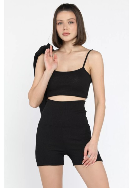 Kadın Kaşkorse Crop Hırka Şort Üçlü Takım