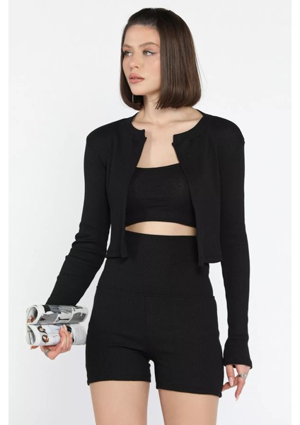 Kadın Kaşkorse Crop Hırka Şort Üçlü Takım fiyatları