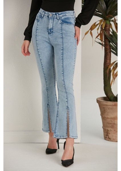 Kadın Kar Mavi Yüksek Bel Paçası Yırtmaçlı Flare Jeans Kot Pantolon
