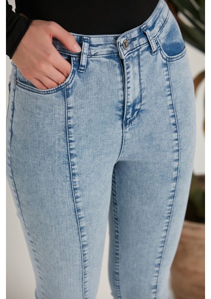 Kadın Kar Mavi Yüksek Bel Paçası Yırtmaçlı Flare Jeans Kot Pantolon