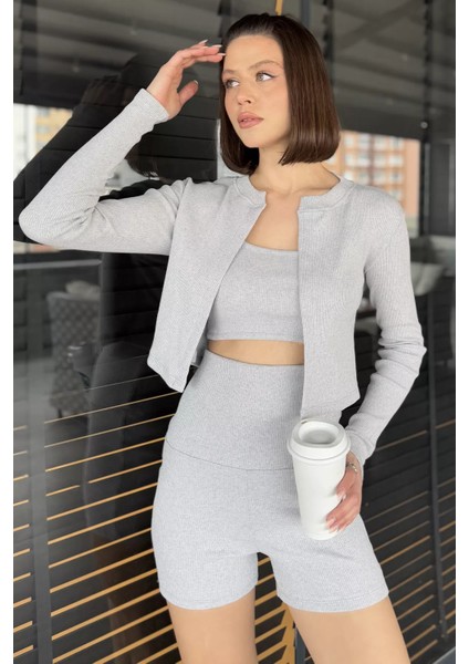 Kadın Kaşkorse Crop Hırka Şort Üçlü Takım