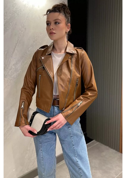 Kadın Fermuarlı Crop Top Suni Deri Ceket