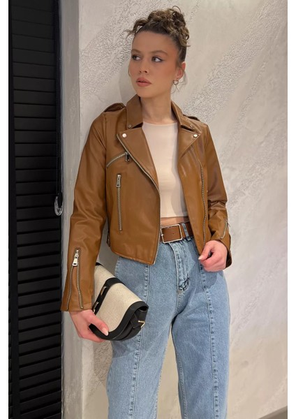 Kadın Fermuarlı Crop Top Suni Deri Ceket