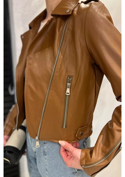 Kadın Fermuarlı Crop Top Suni Deri Ceket