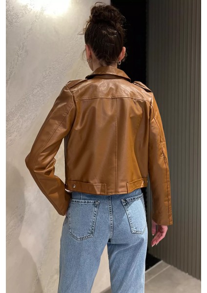 Kadın Fermuarlı Crop Top Suni Deri Ceket
