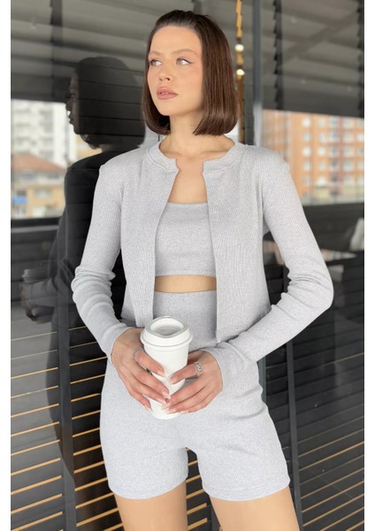 Kadın Kaşkorse Crop Hırka Şort Üçlü Takım