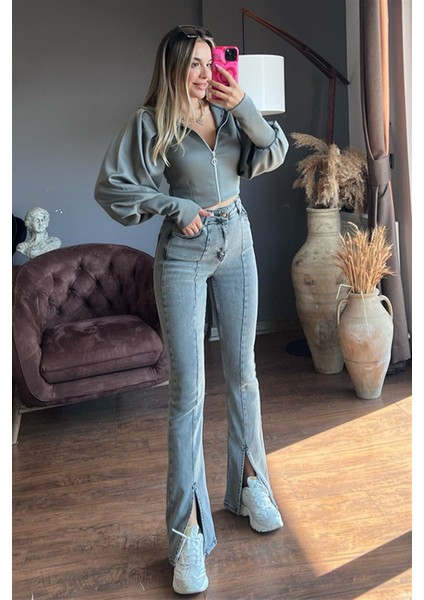 Jeans Kar Yıkama Yüksek Bel Likralı Ispanyol Paça Ön Yırtmaçlı Kadın Kot Pantolon
