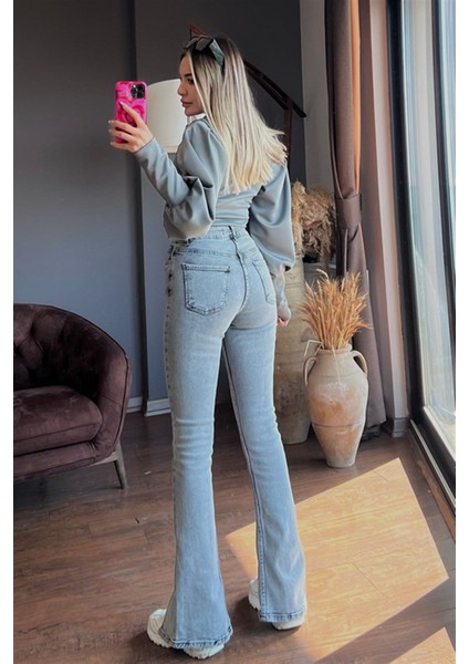 Jeans Kar Yıkama Yüksek Bel Likralı Ispanyol Paça Ön Yırtmaçlı Kadın Kot Pantolon