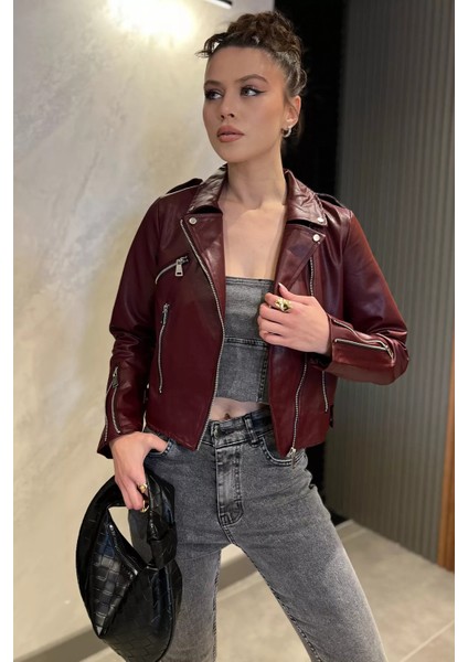 Kadın Fermuarlı Crop Top Suni Deri Ceket
