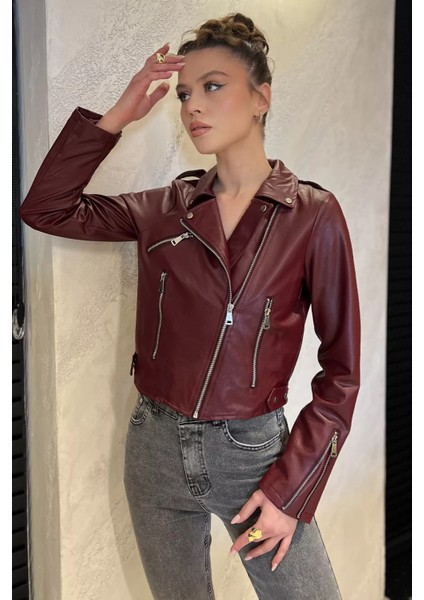 Kadın Fermuarlı Crop Top Suni Deri Ceket