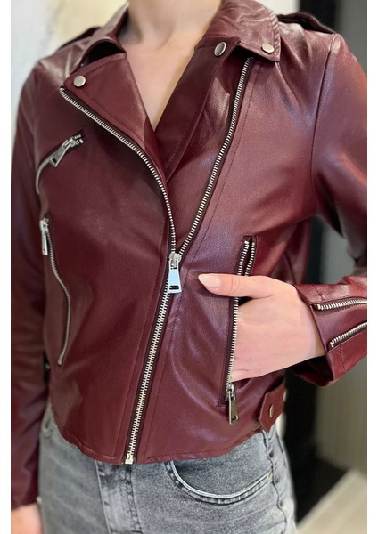 Kadın Fermuarlı Crop Top Suni Deri Ceket