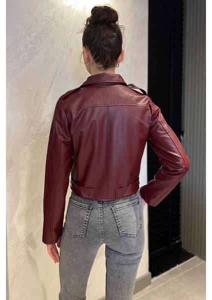 Kadın Fermuarlı Crop Top Suni Deri Ceket