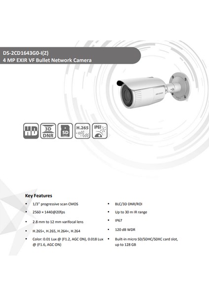 DS-2CD1643G0-I(Z) 2.8 To 12 mm Motorize Varifocal Lens 4mp Ir Bullet Ip Kamera