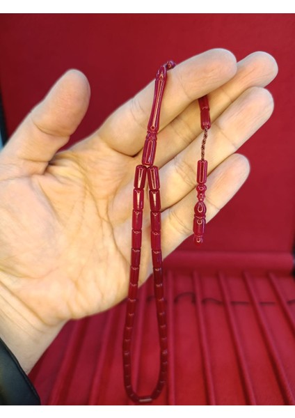 Toz Kehribar Tesbih Kesme Kesim Bordo Renkli Sistemli 11MMX5MM Özel Ölçü