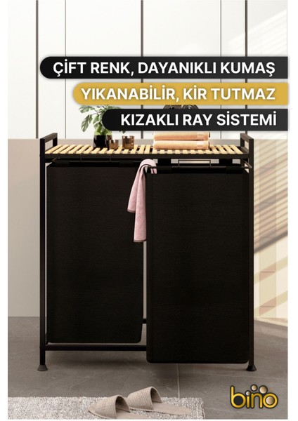 Çamaşır Sepeti Kirli Sepeti Ahşap Banyo Dolabı Büyük Boy Geniş 2 Bölmeli Kumaş Kirli Sepeti