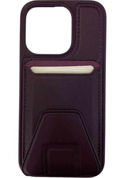 iPhone 15 Pro Uyumlu Suni Deri Kart Girişli Standlı Pro Card Silikon Kılıf