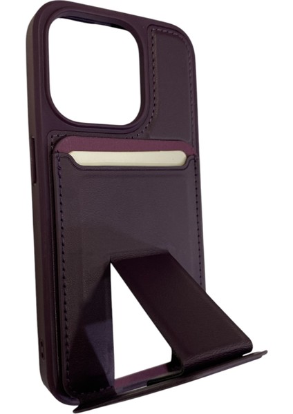 iPhone 15 Pro Uyumlu Suni Deri Kart Girişli Standlı Pro Card Silikon Kılıf