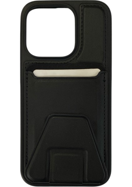 iPhone 15 Pro Max Uyumlu Suni Deri Kart Girişli Standlı Pro Card Silikon Kılıf