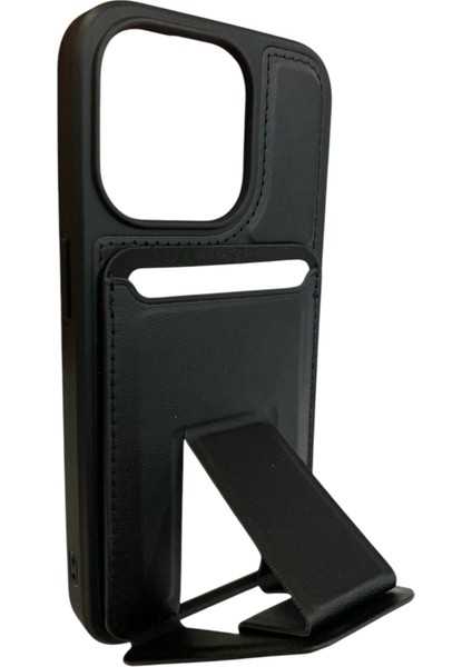 iPhone 15 Pro Max Uyumlu Suni Deri Kart Girişli Standlı Pro Card Silikon Kılıf