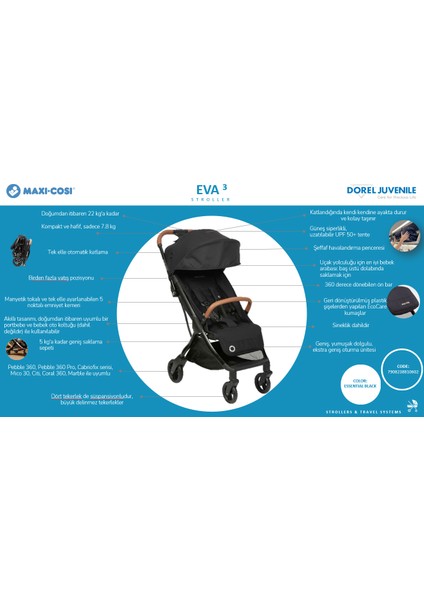 Eva Otomatik Katlanan Kompakt Bebek Arabası Essential Black Champagne