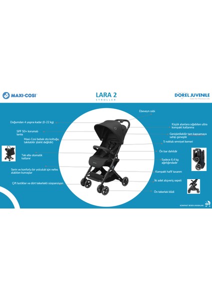 MaxiCosi Lara2 Ultra Kompakt Otomatik Katlanan Kabin Boy Seyahat Sistem Olabilen Bebek Arabası Essential Graphite